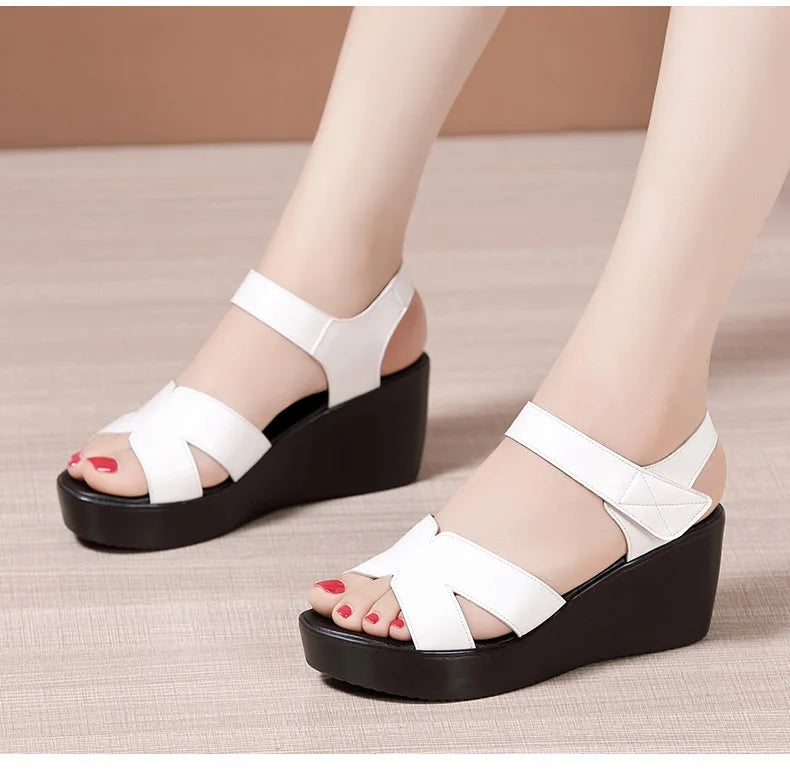 Women’s Plus Size Soft Leather Wedge Sandals (33–43) – Mid Heel Platform Ankle Strap Summer Shoes for Office, Casual & Beach Wear