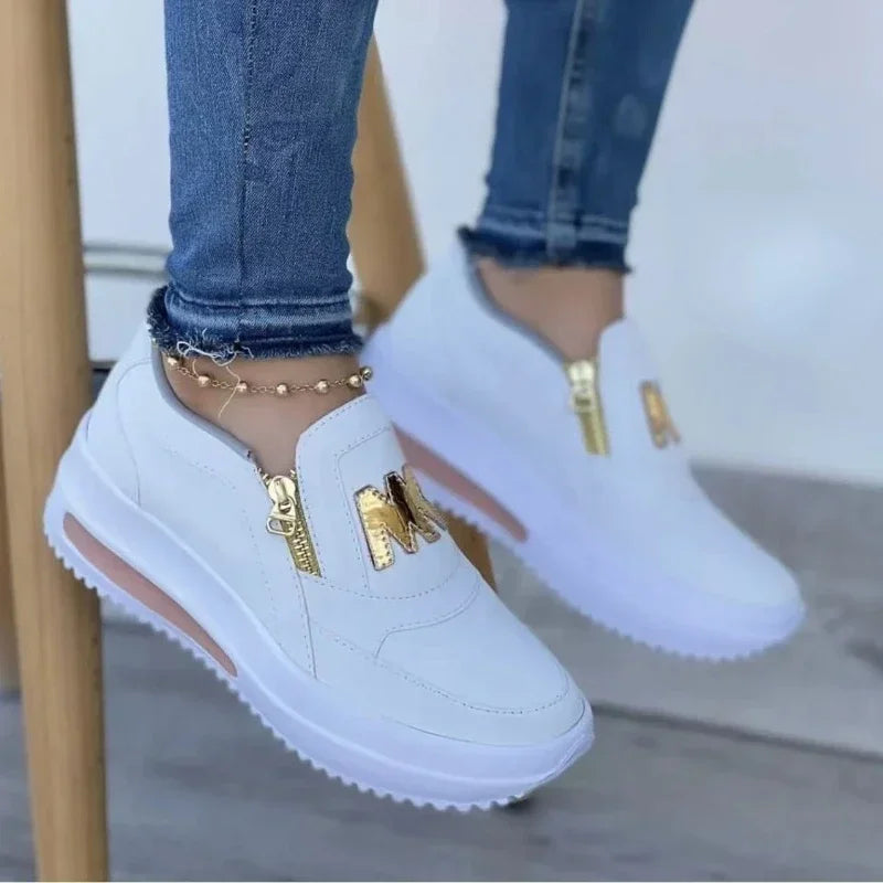 Women Platform Slip-On Loafers Sneakers – Casual Fashion Canvas Shoes with Zipper Detail, Flat Rubber Sole