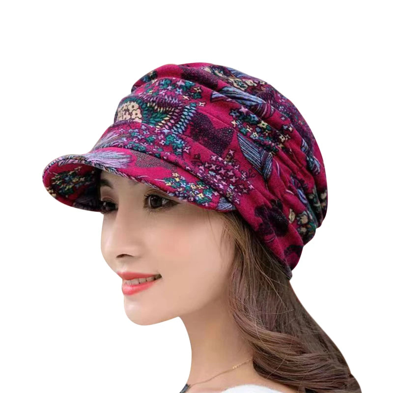 Women Autumn Winter Peaked Cap with Earflap – Warm Foldable Floral Print Casual Hat