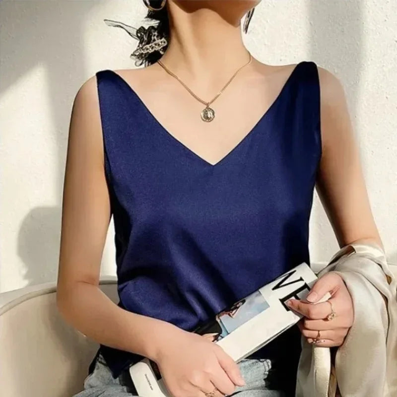 Women’s V-Neck Silk Satin Sleeveless Blouse – Elegant Office Tank Top, Lightweight Summer Camisole