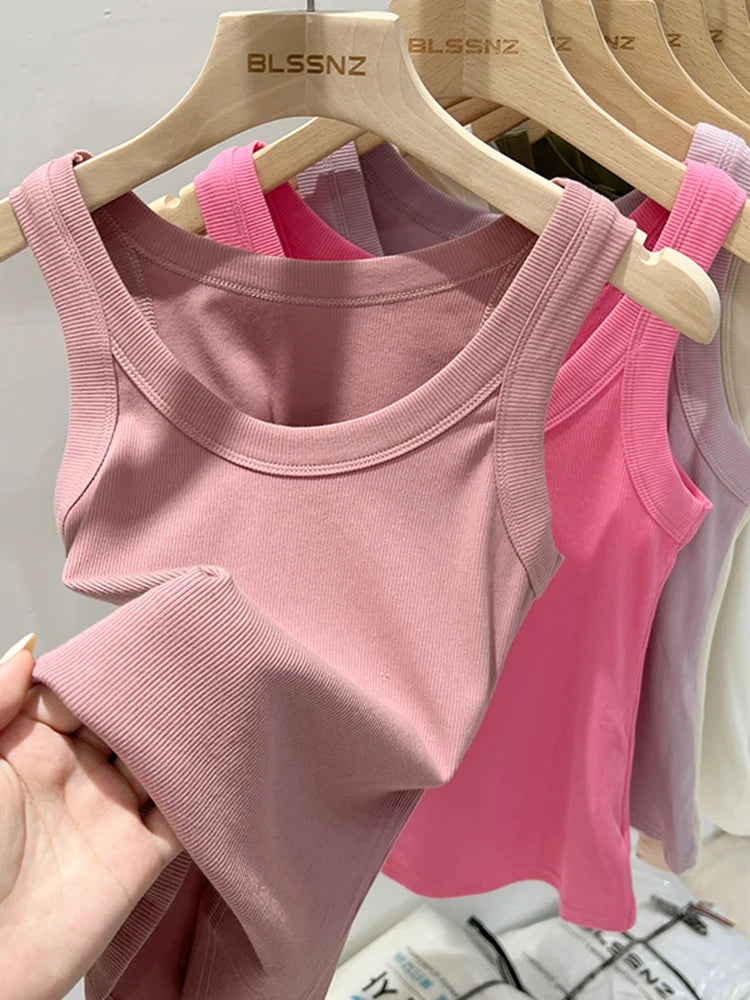 Women Solid Ribbed Tank Top Camisole – Elastic Cotton O-Neck Summer Basic Crop Top 2026