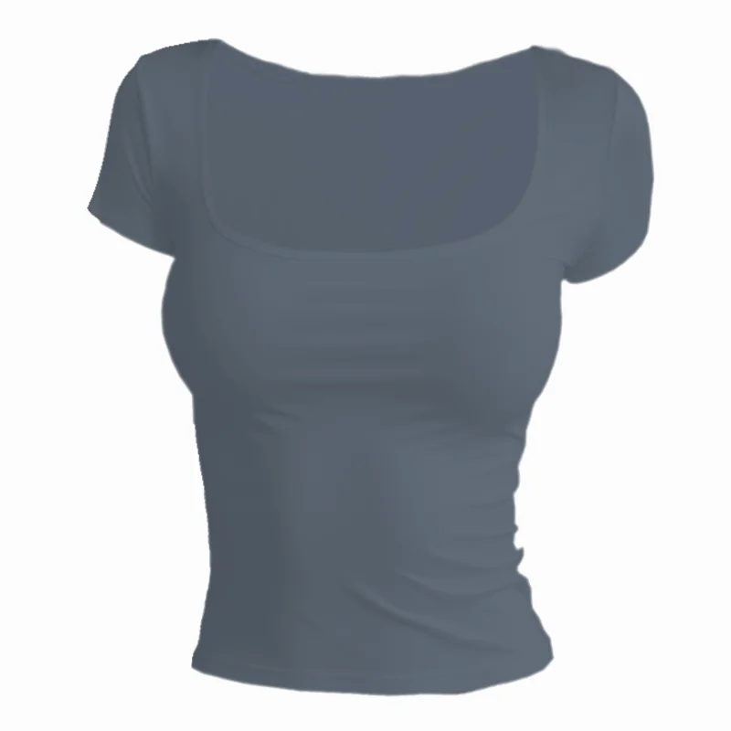Women’s Summer Slim Fit Square Neck Short Sleeve T-Shirt – Solid Color Y2K Streetwear Sexy Stretch Knit Top