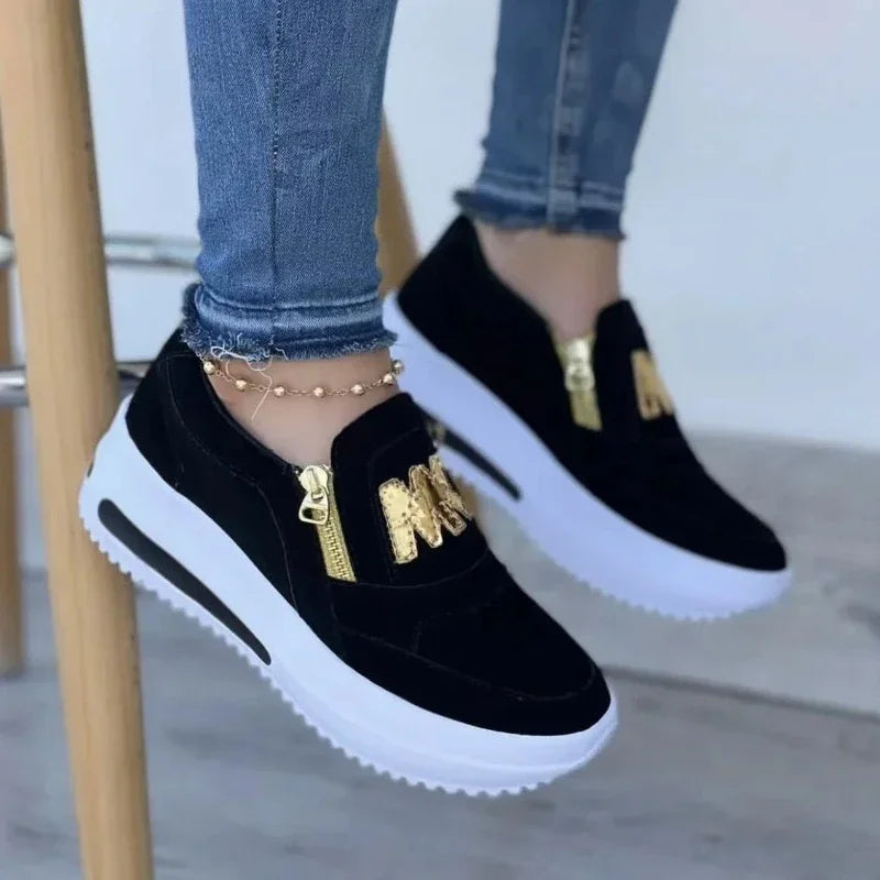 Women Platform Slip-On Loafers Sneakers – Casual Fashion Canvas Shoes with Zipper Detail, Flat Rubber Sole