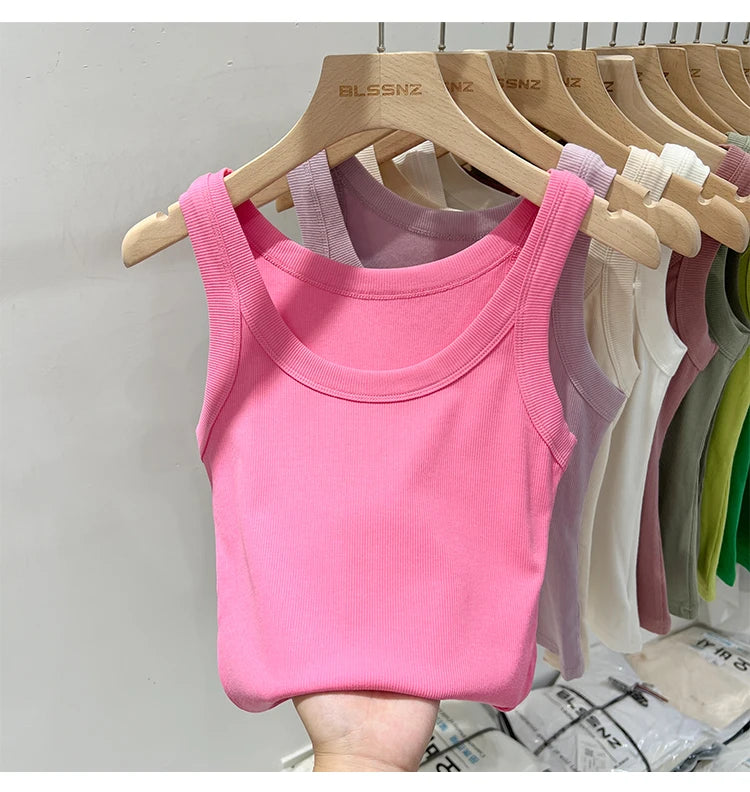 Women Solid Ribbed Tank Top Camisole – Elastic Cotton O-Neck Summer Basic Crop Top 2026