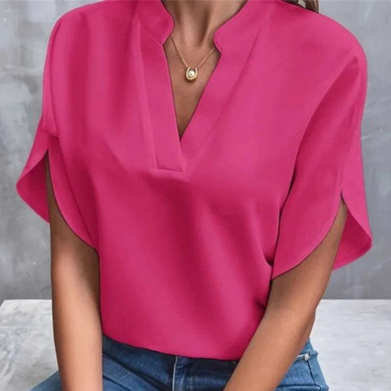 Women’s Summer Solid Color Casual Pullover Shirt – Short Sleeve Loose Fit V-Neck Lightweight Chiffon Blouse Top