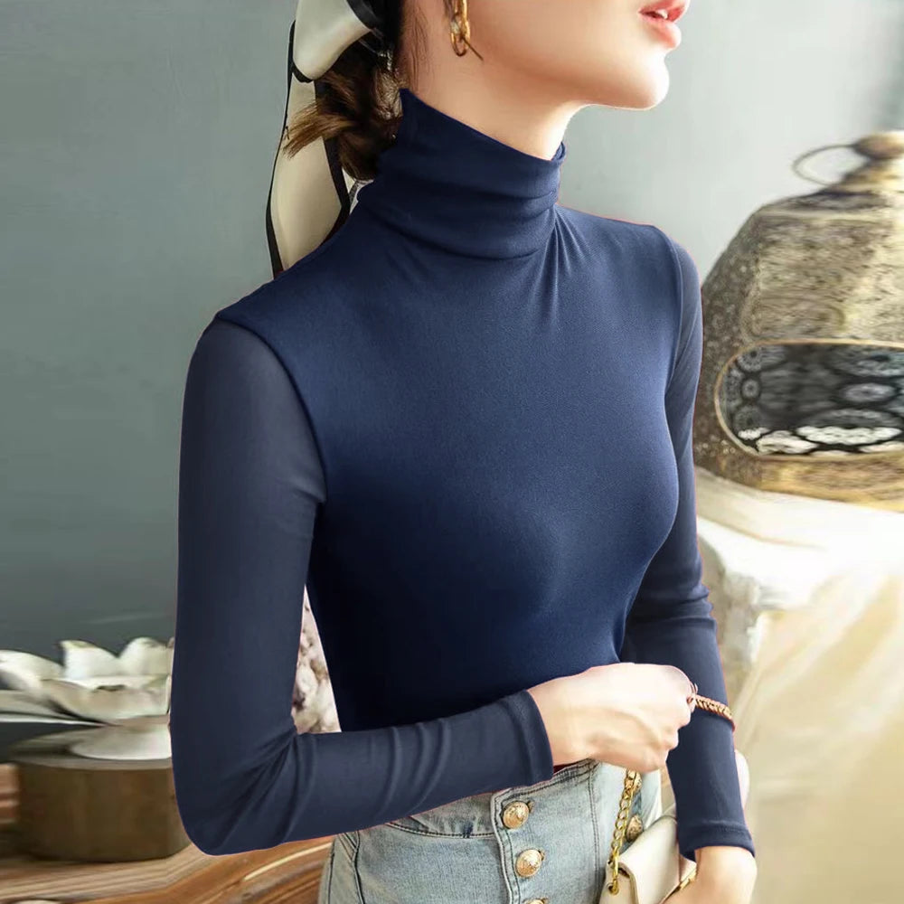 Women’s Sheer Mesh Turtleneck Top – Long Sleeve Slim Fit Stretch Tee (S–4XL)