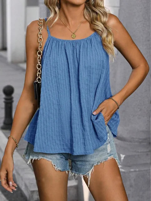 Women’s Sleeveless Linen Camisole Top – Loose Fit Backless Pleated Casual Office Style