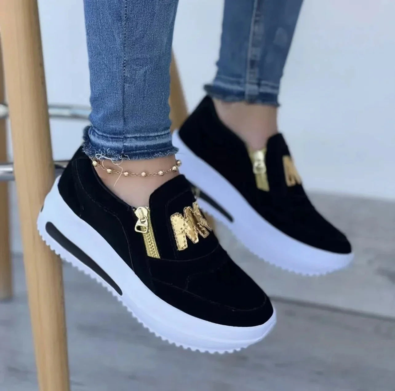 Women Platform Slip-On Loafers Sneakers – Casual Fashion Canvas Shoes with Zipper Detail, Flat Rubber Sole