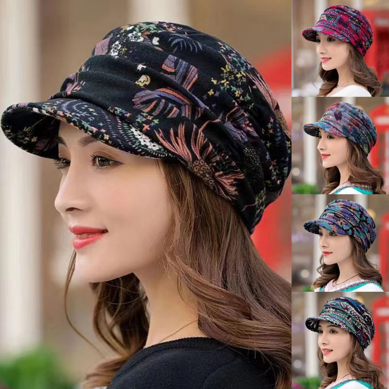 Women Autumn Winter Peaked Cap with Earflap – Warm Foldable Floral Print Casual Hat