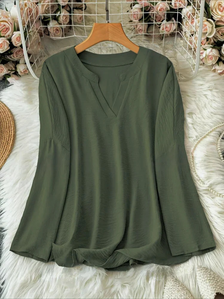 Women’s Plus Size Casual Loose Long Sleeve V-Neck Stand Collar Top – Polyester Blend Spring/Summer Shirt