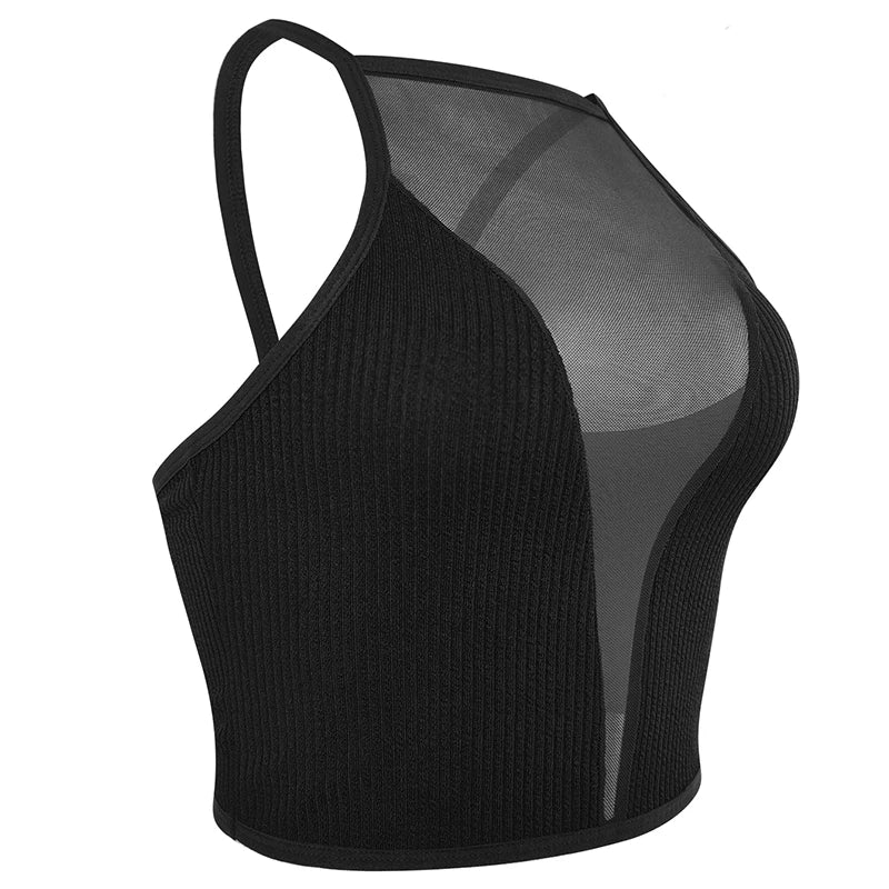SEO Title: Women’s Sexy Mesh Camisole Crop Top – Ribbed Backless Bralette Corset Style Lingerie Tank Top