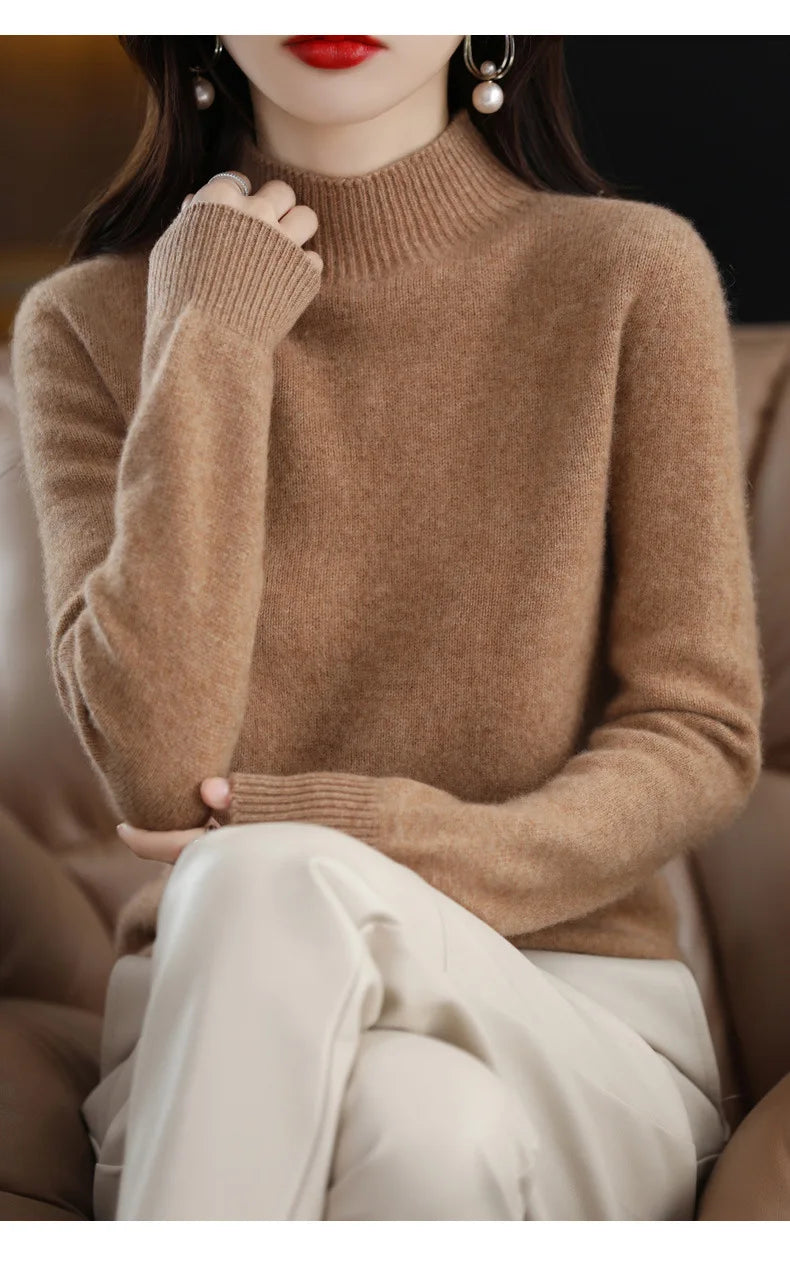 Women’s Autumn Winter Knit Sweater – Korean Fashion Slim Fit Half High Collar Long Sleeve Pullover