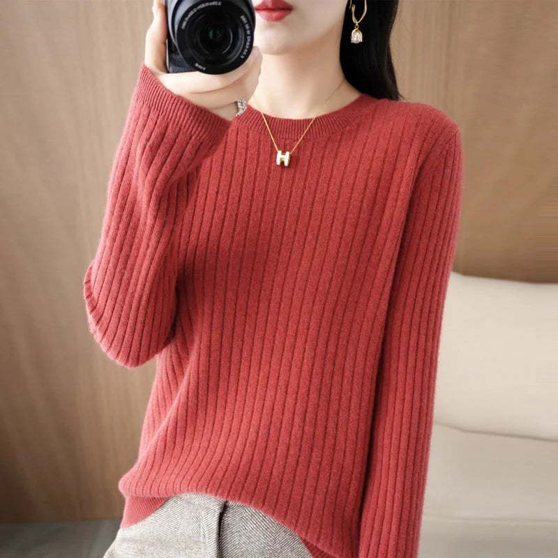 Women’s Autumn Winter O-Neck Striped Knit Sweater – Loose Fit Long Sleeve Pullover Casual Korean Style Jumper