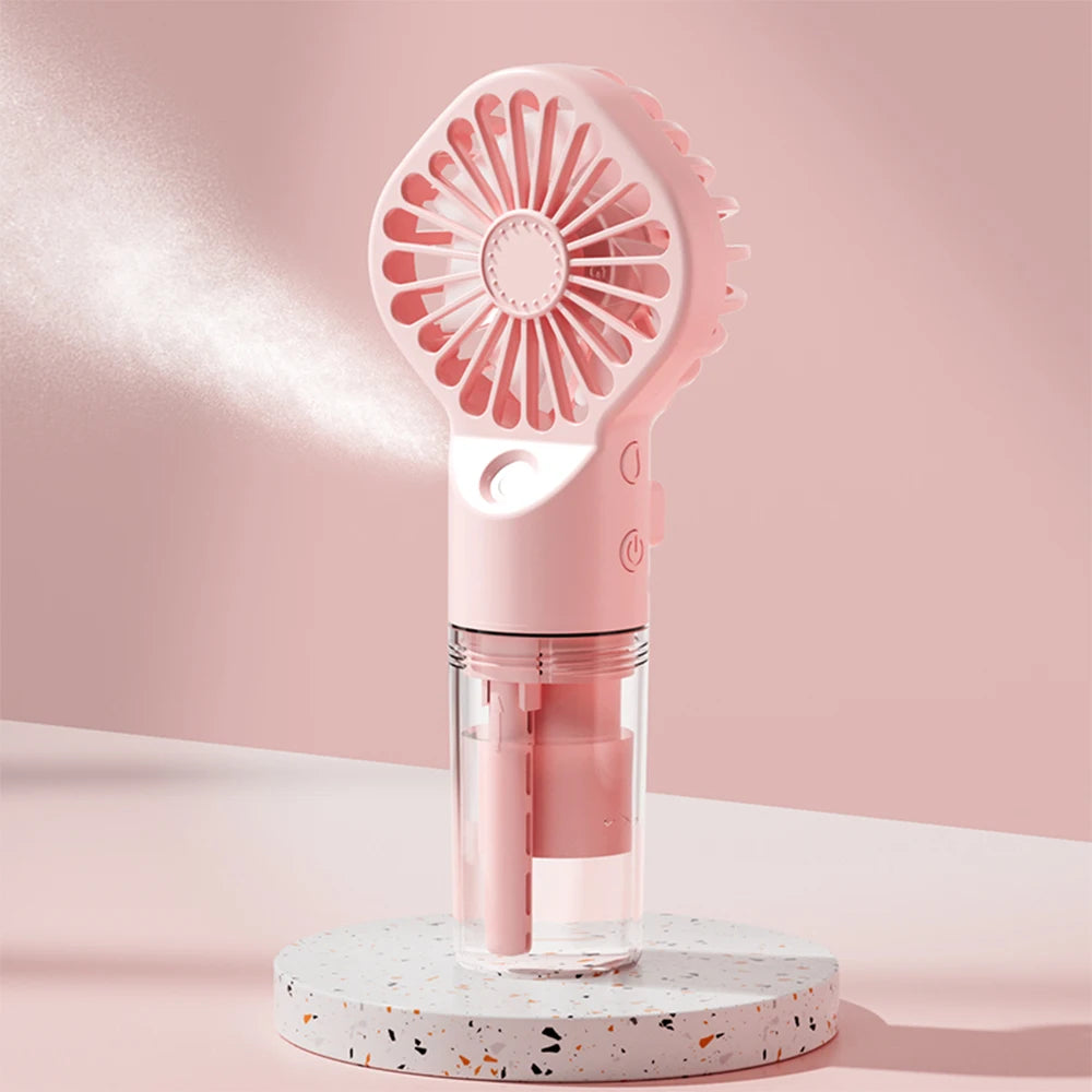 Portable Mini Handheld Mist Fan – USB Rechargeable 4-Speed Cooling & Humidifier Fan for Travel, Office & Outdoor Use