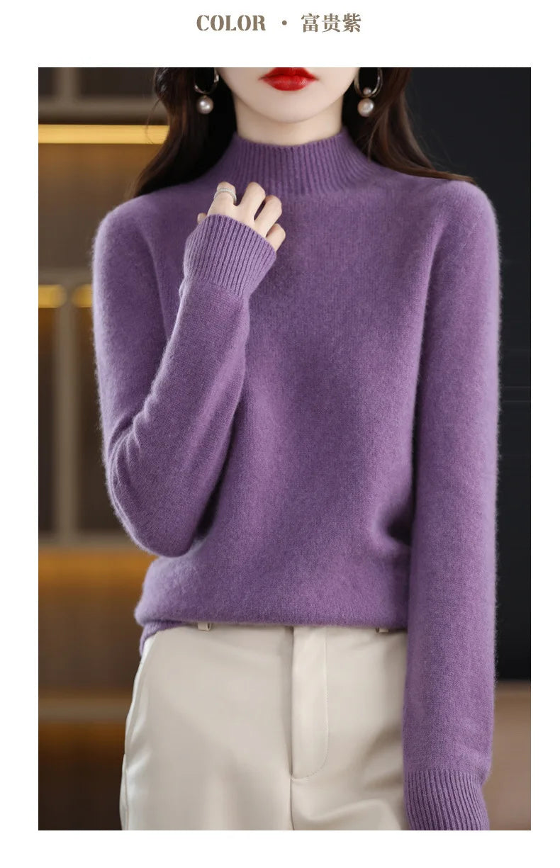 Women’s Autumn Winter Knit Sweater – Korean Fashion Slim Fit Half High Collar Long Sleeve Pullover