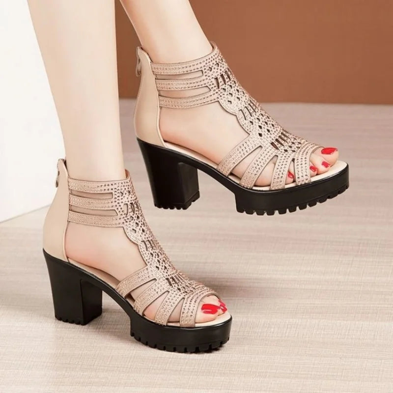 Women’s Open Toe Wedge Sandals – Anti-Slip Hollow Out Casual Shoes with Low Square Heel & Zip Closure