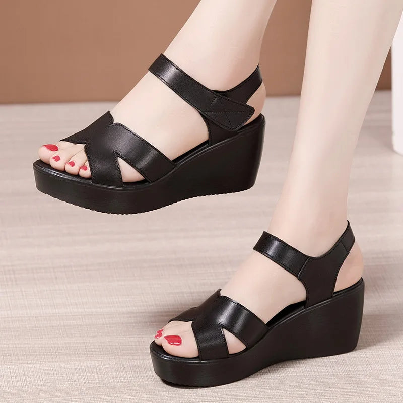 Women’s Plus Size Soft Leather Wedge Sandals (33–43) – Mid Heel Platform Ankle Strap Summer Shoes for Office, Casual & Beach Wear