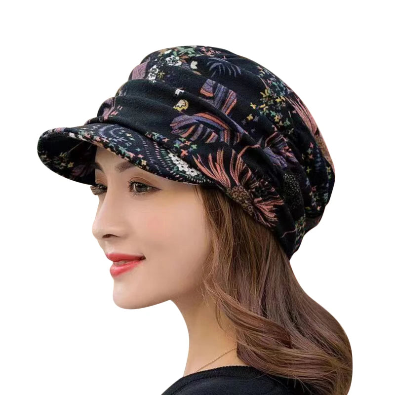 Women Autumn Winter Peaked Cap with Earflap – Warm Foldable Floral Print Casual Hat