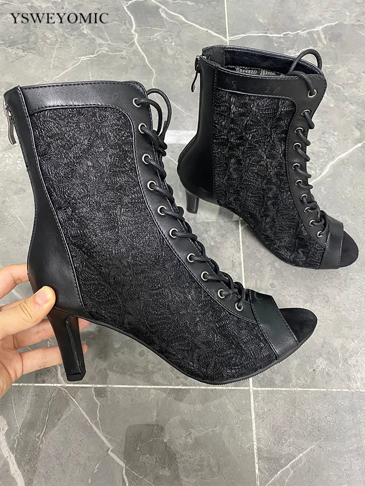 YSWEYOMIC Summer Autumn Style Mesh Hollow Jazz Booties Dance High Heels 7cm 9c 11cm Latin Salsa Dance Sandals With Large Size