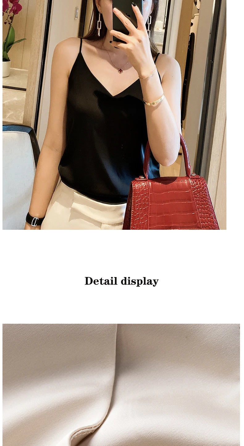 Women Summer Sleeveless V-Neck Chiffon Camisole Crop Tank Top – Slim Fit Solid Office Lady Vest (Black/White/Grey)