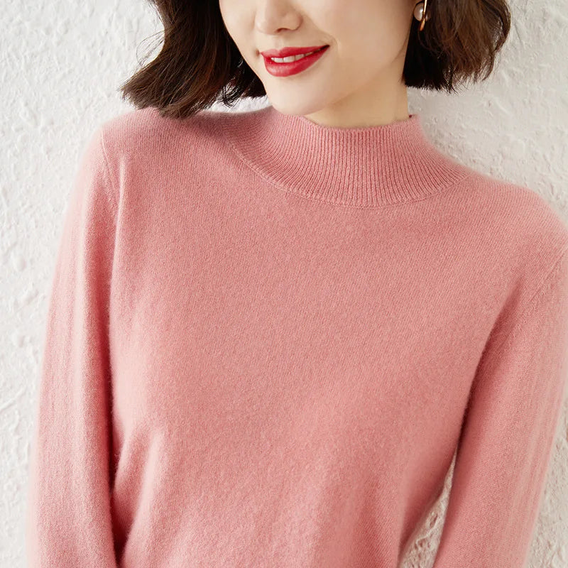 Women’s Autumn Winter Knit Sweater – Korean Fashion Slim Fit Half High Collar Long Sleeve Pullover