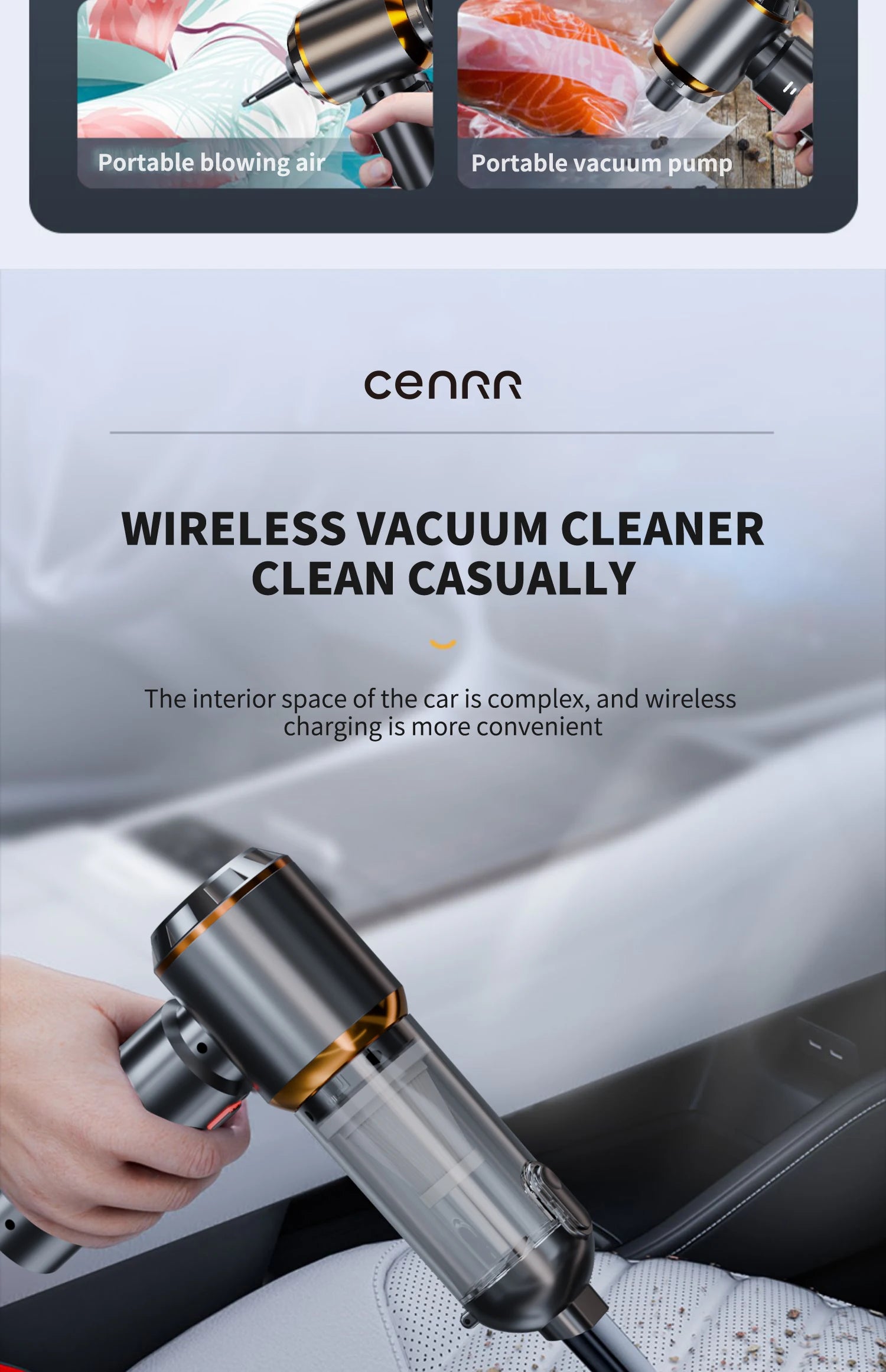CENRR 998000PA Cordless Car Vacuum Cleaner – High Suction Handheld Portable Wireless Cleaning Machine for Car Interior and Home Use