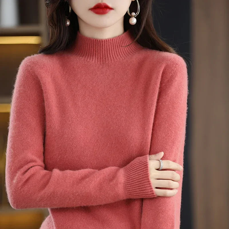 Women’s Autumn Winter Knit Sweater – Korean Fashion Slim Fit Half High Collar Long Sleeve Pullover