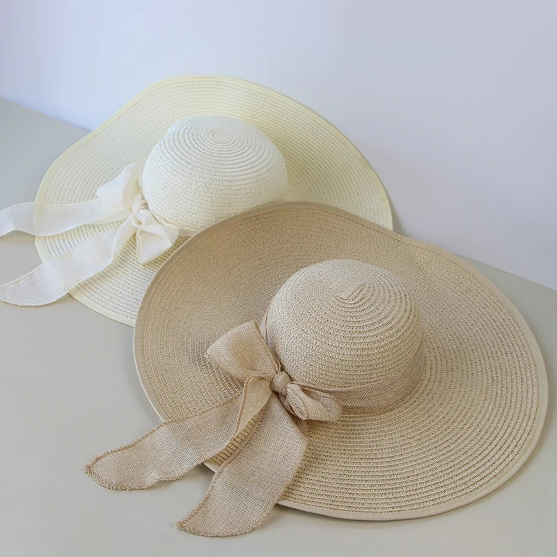 Women’s Wide Brim Straw Sun Hat – Foldable Beach Panama Hat with Bowknot, UV Protection Casual Summer Outdoor Cap