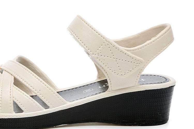 Women’s Non-Slip Wedge Mother Sandals – 4cm Soft Soled Hook & Loop Cross-Strap Casual Summer Comfort Shoes