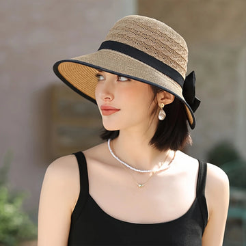 Women’s Summer Straw Sun Hat – French Style Bowknot Wide Brim Beach Hat for UV Protection & Travel