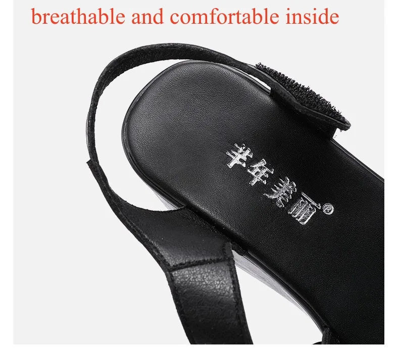 Women’s Plus Size Soft Leather Wedge Sandals (33–43) – Mid Heel Platform Ankle Strap Summer Shoes for Office, Casual & Beach Wear
