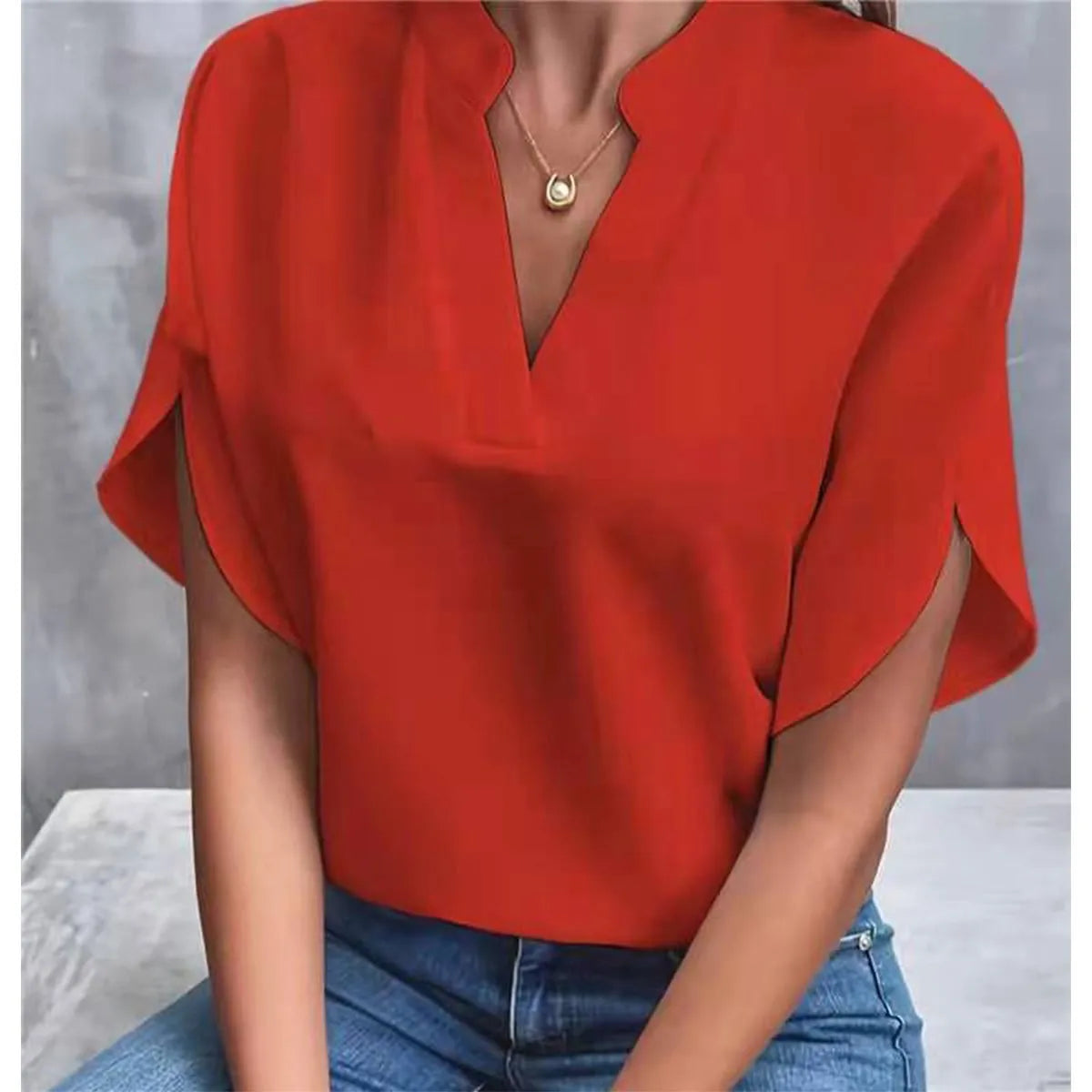 Women’s Summer Solid Color Casual Pullover Shirt – Short Sleeve Loose Fit V-Neck Lightweight Chiffon Blouse Top