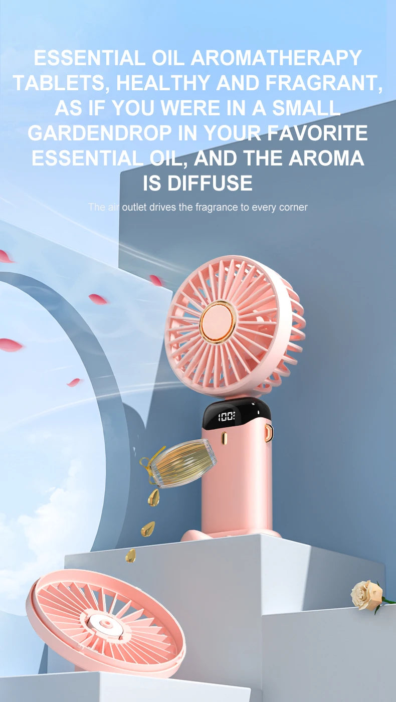USB Rechargeable Foldable Neck Fan – Portable Handheld Mini Fan with 5-Speed Cooling, Digital Display & Phone Stand, Travel-Friendly Hands-Free Design