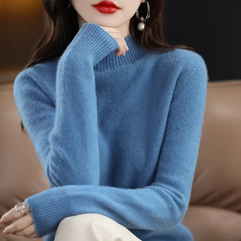 Women’s Autumn Winter Knit Sweater – Korean Fashion Slim Fit Half High Collar Long Sleeve Pullover