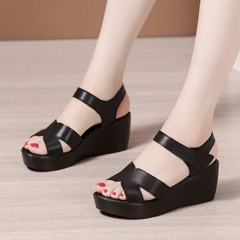 Women’s Plus Size Soft Leather Wedge Sandals (33–43) – Mid Heel Platform Ankle Strap Summer Shoes for Office, Casual & Beach Wear
