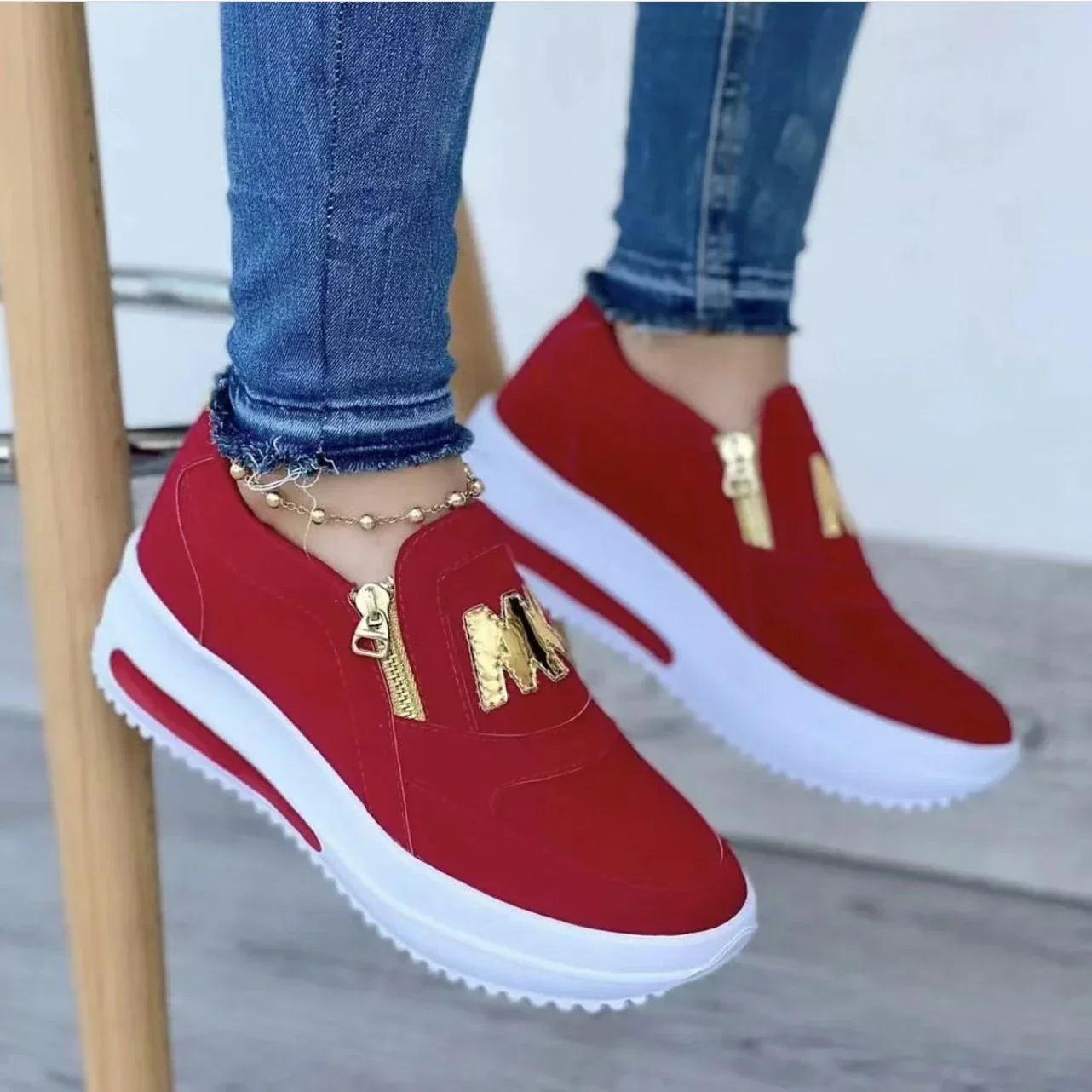 Women Platform Slip-On Loafers Sneakers – Casual Fashion Canvas Shoes with Zipper Detail, Flat Rubber Sole