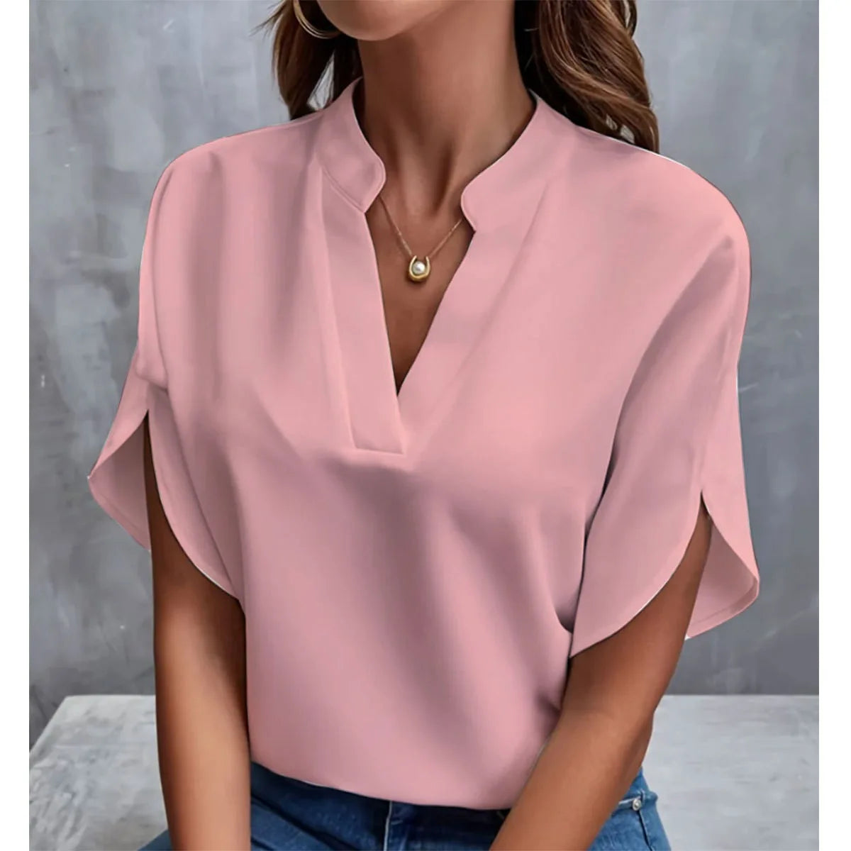 Women’s Summer Solid Color Casual Pullover Shirt – Short Sleeve Loose Fit V-Neck Lightweight Chiffon Blouse Top