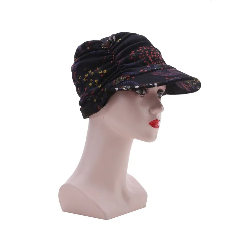 Women Autumn Winter Peaked Cap with Earflap – Warm Foldable Floral Print Casual Hat