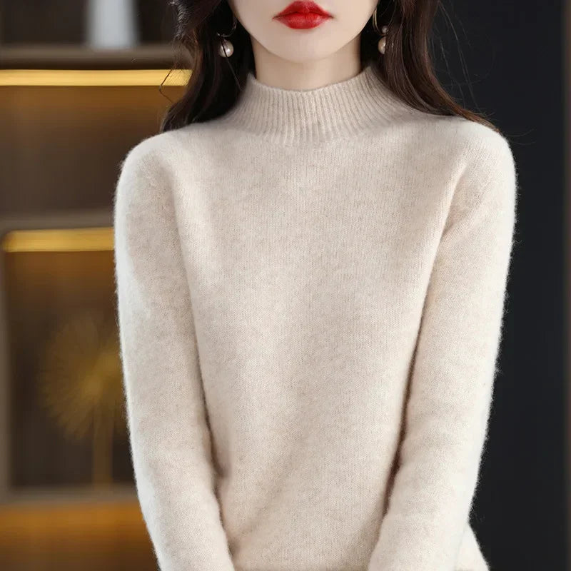 Women’s Autumn Winter Knit Sweater – Korean Fashion Slim Fit Half High Collar Long Sleeve Pullover