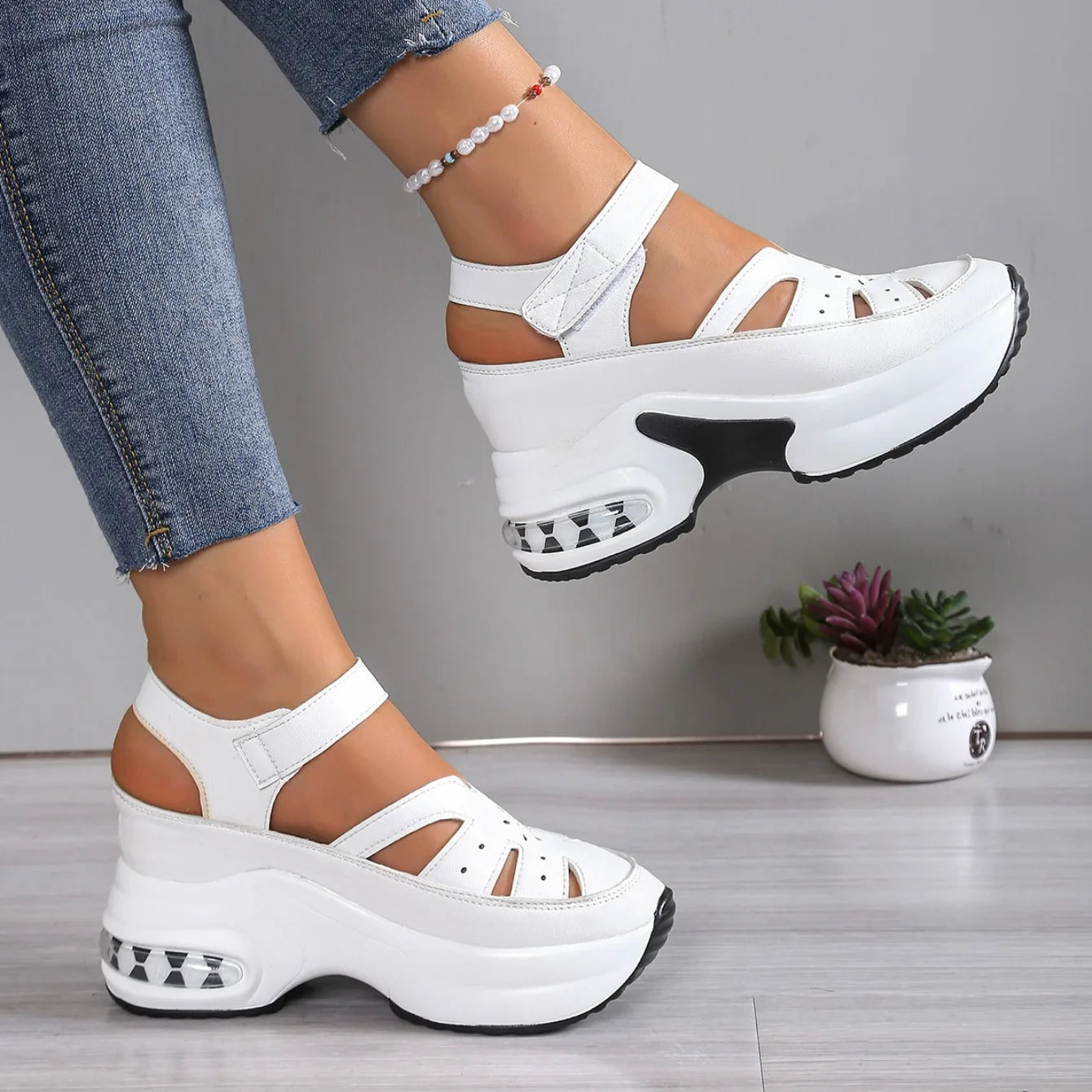 Women Closed Toe Summer Sandals – Plus Size Casual Slip-On Hollow Out PU Platform Comfort Shoes