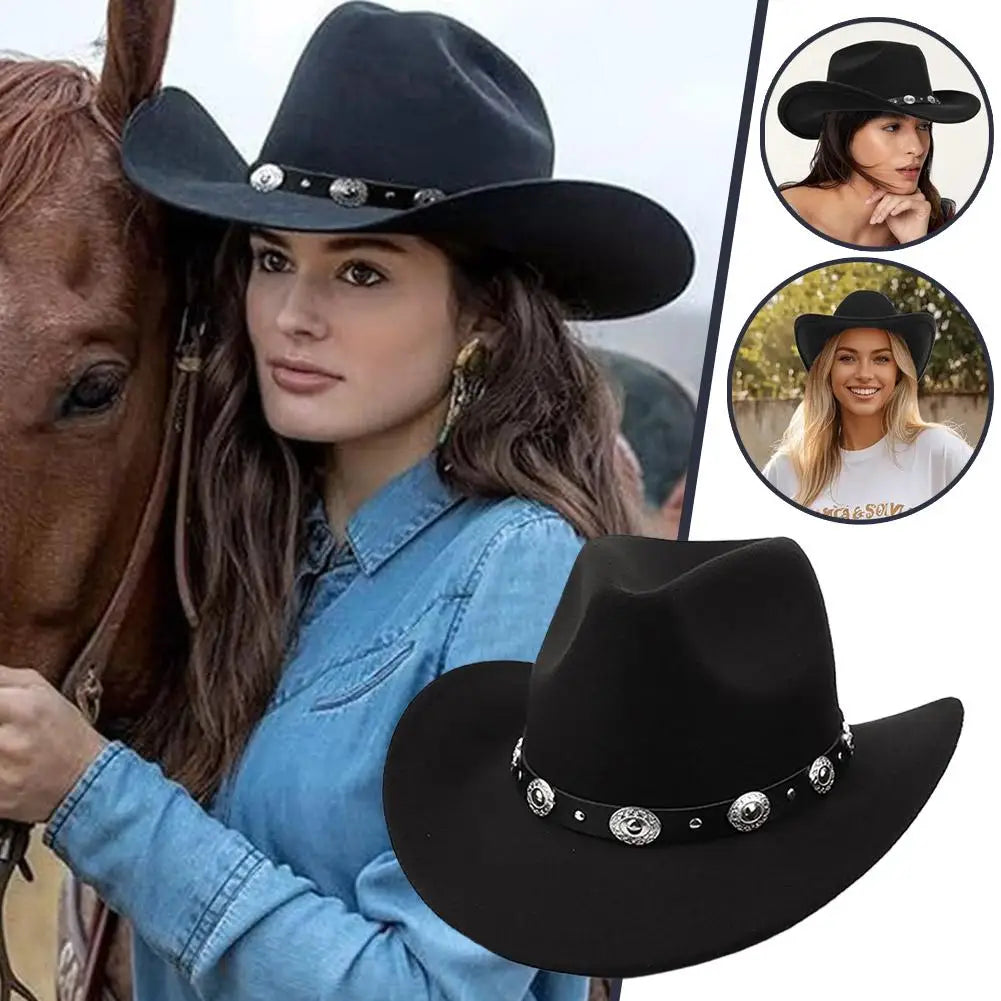 Vintage Western Cowboy Hat for Women – Roll-Up Brim Fedora with Belt Buckle, Sun Protection, All-Season Polyester Cowgirl Hat