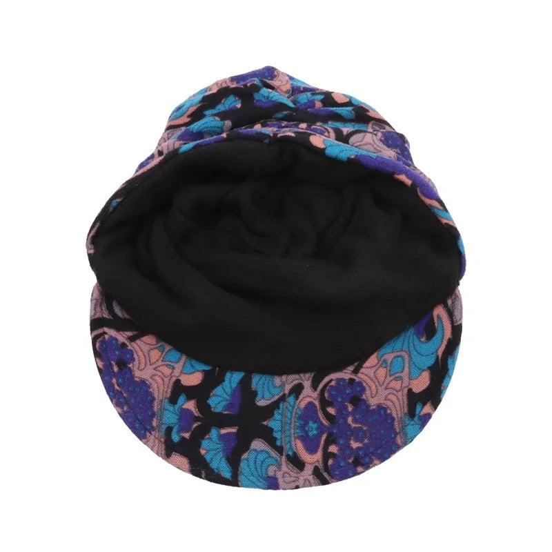 Women Autumn Winter Peaked Cap with Earflap – Warm Foldable Floral Print Casual Hat