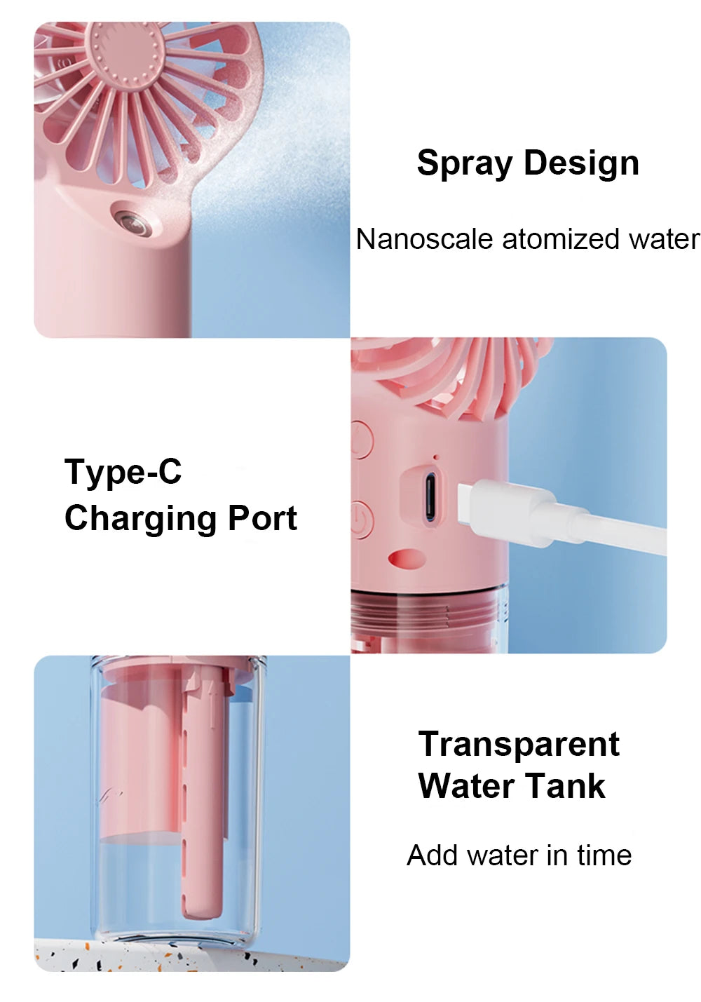 Portable Mini Handheld Mist Fan – USB Rechargeable 4-Speed Cooling & Humidifier Fan for Travel, Office & Outdoor Use
