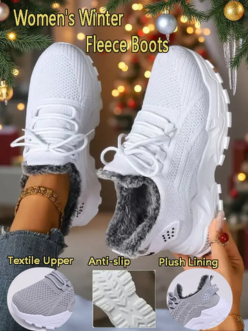 Women’s Winter Sports Shoes – Non-Slip Lace-Up Breathable Mesh Dad Sneakers with Plush Shearling Lining