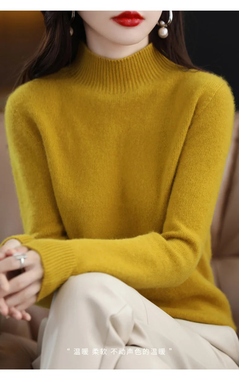 Women’s Autumn Winter Knit Sweater – Korean Fashion Slim Fit Half High Collar Long Sleeve Pullover