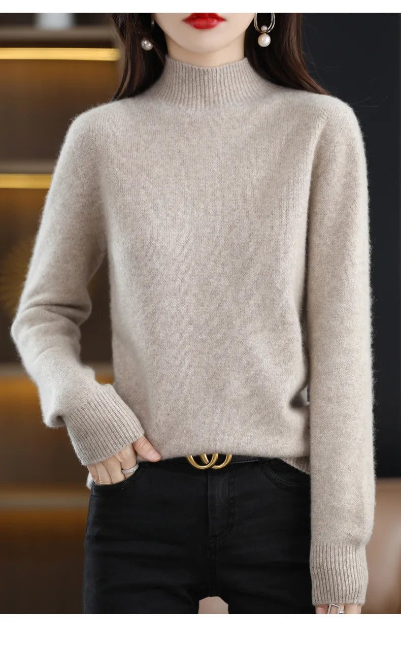 Women’s Autumn Winter Knit Sweater – Korean Fashion Slim Fit Half High Collar Long Sleeve Pullover