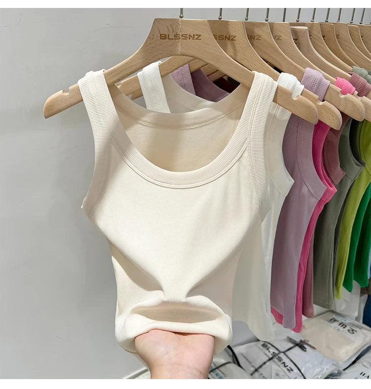 Women Solid Ribbed Tank Top Camisole – Elastic Cotton O-Neck Summer Basic Crop Top 2026