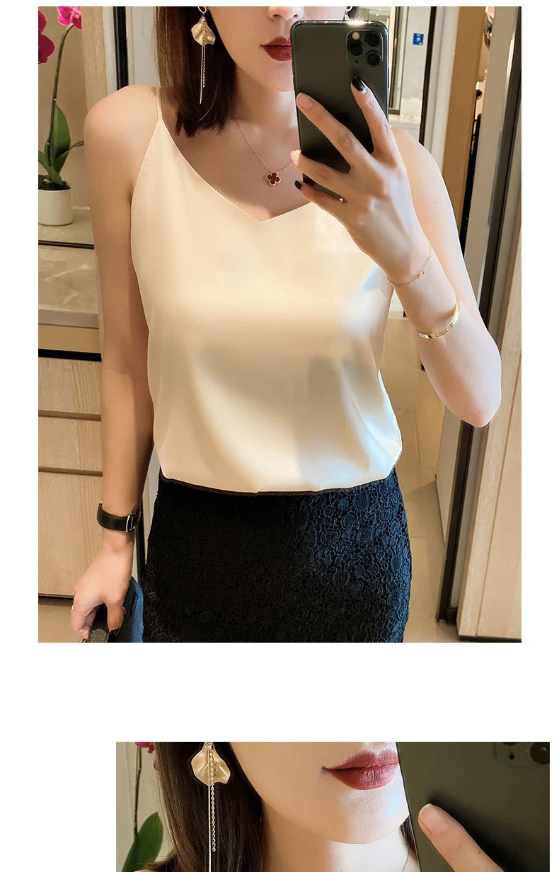 Women Summer Sleeveless V-Neck Chiffon Camisole Crop Tank Top – Slim Fit Solid Office Lady Vest (Black/White/Grey)