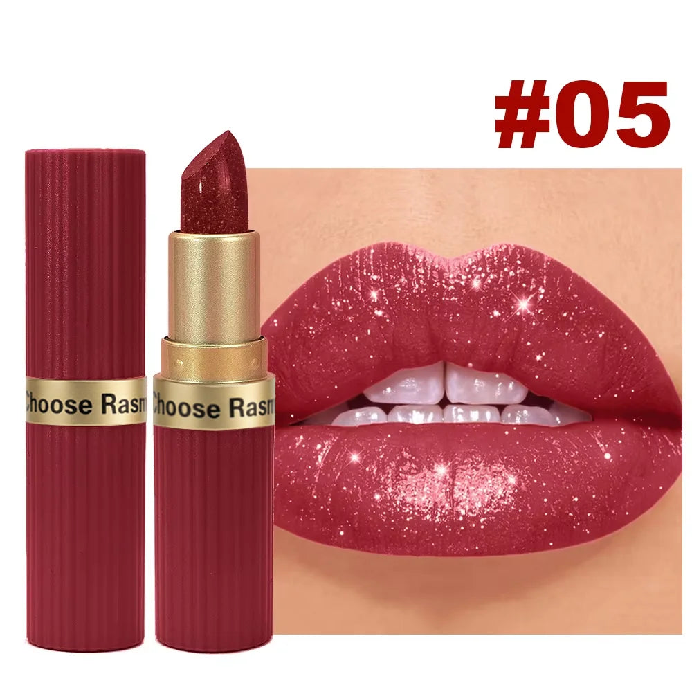 Pearlescent Pink Glitter Velvet Lipstick – Waterproof Long Lasting Matte Metallic Shimmer Diamond Lipstick for Women