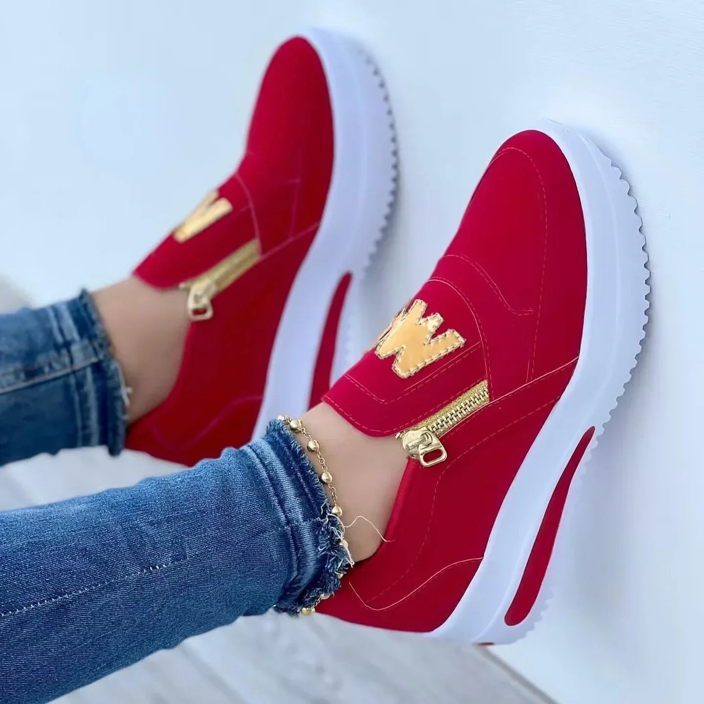 Women Platform Slip-On Loafers Sneakers – Casual Fashion Canvas Shoes with Zipper Detail, Flat Rubber Sole